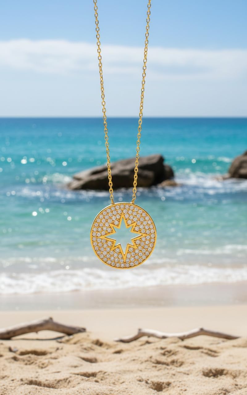 925 Sterling Silver Gold Plated Celestial Necklace Pendant CZ Cubic Zirconia 16’’+1’’ Extender - Image 2