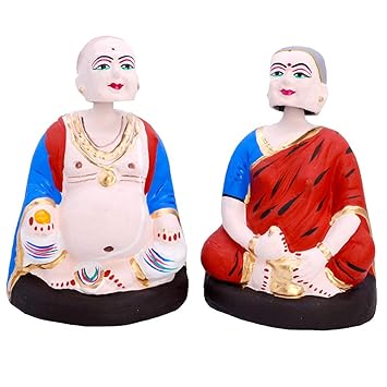 santarms Traditional Thatha Patti Grand Pa Grand Ma Doll 9 Inch (Red,Blue) Plaster of Paris