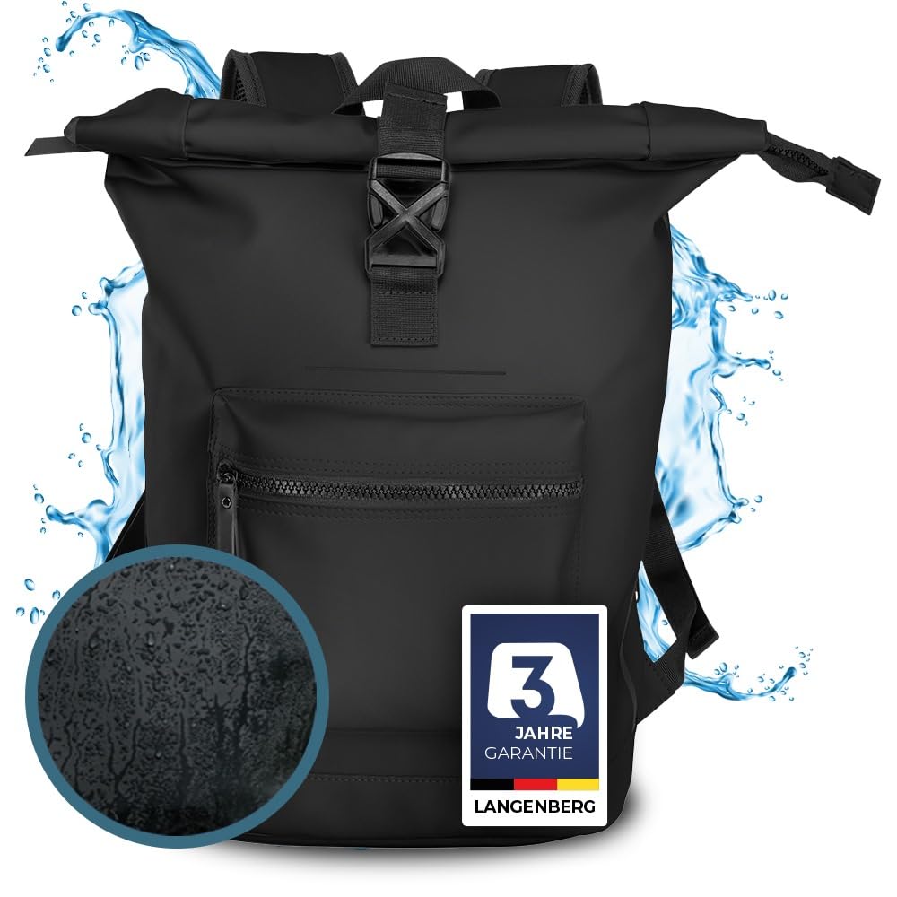 LANGENBERG Flash Rolltop Rucksack - Wasserabweisender und diebstahlsicherer Rucksack für Herren - 20 Liter Cityrucksack für Damen mit Laptopfach 16 Zoll - Reflektierender Fahrrad Rucksack
