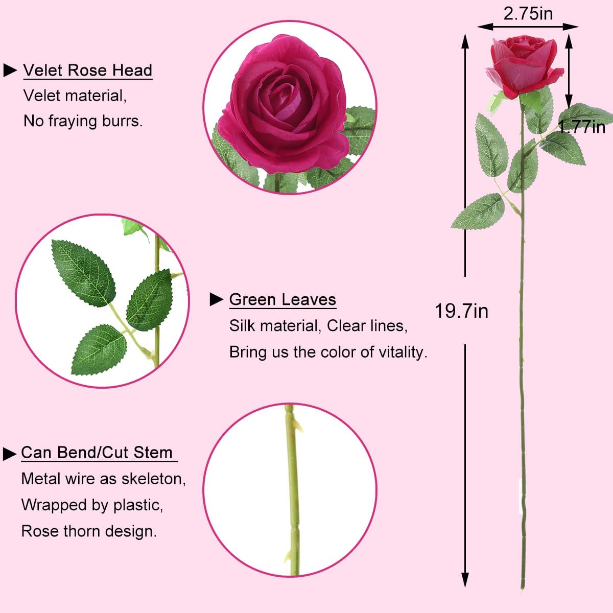 12Pcs Fuchsia Roses Artificial Flowers Fake Roses Faux Velvet Silk Flower for Home Wedding Decoration (Pearl Rose, Fuchsia) - Image 6