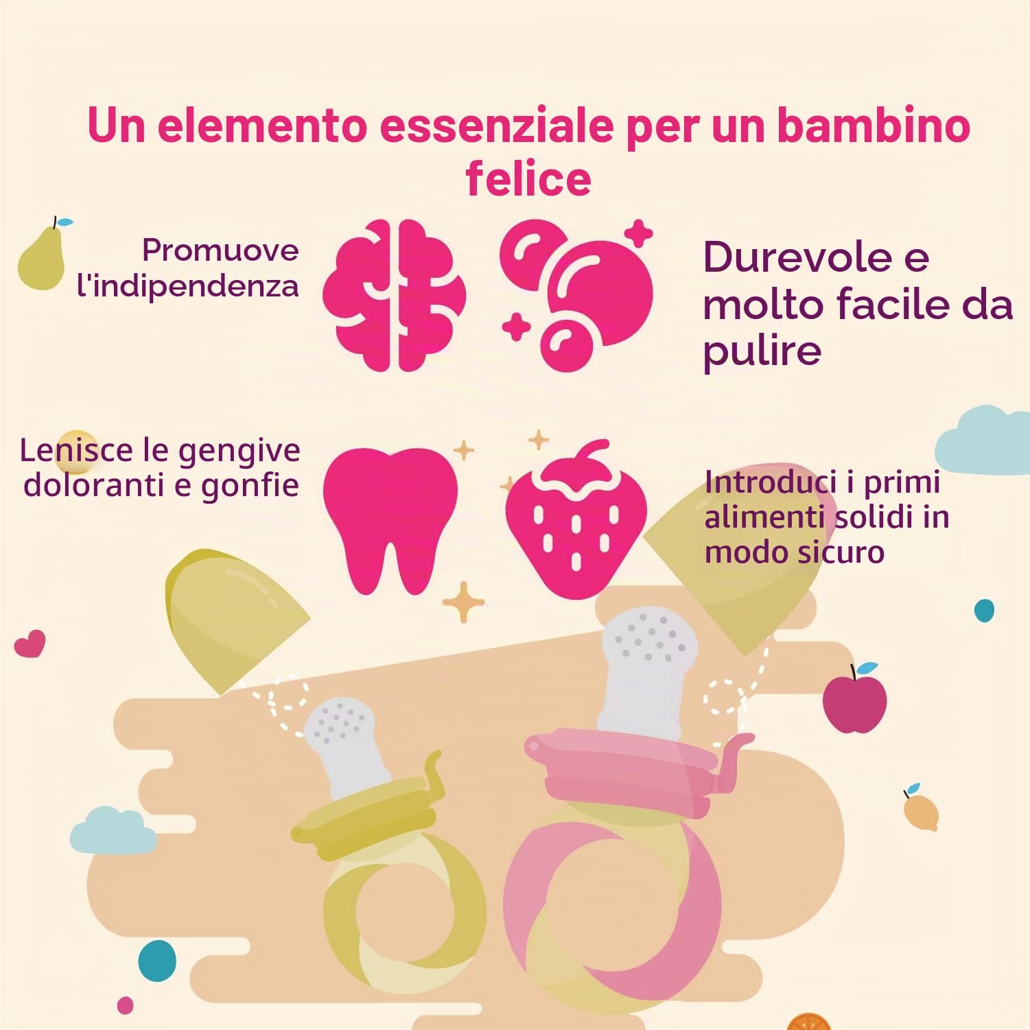 Ciuccio per Frutta Neonati Alimenti NatureBond (2 Pezzi) – Gioco per Stimolare la Dentizione dei Bambini in Colori che Stimolano l’Appetito (Giallo e Aranciona)