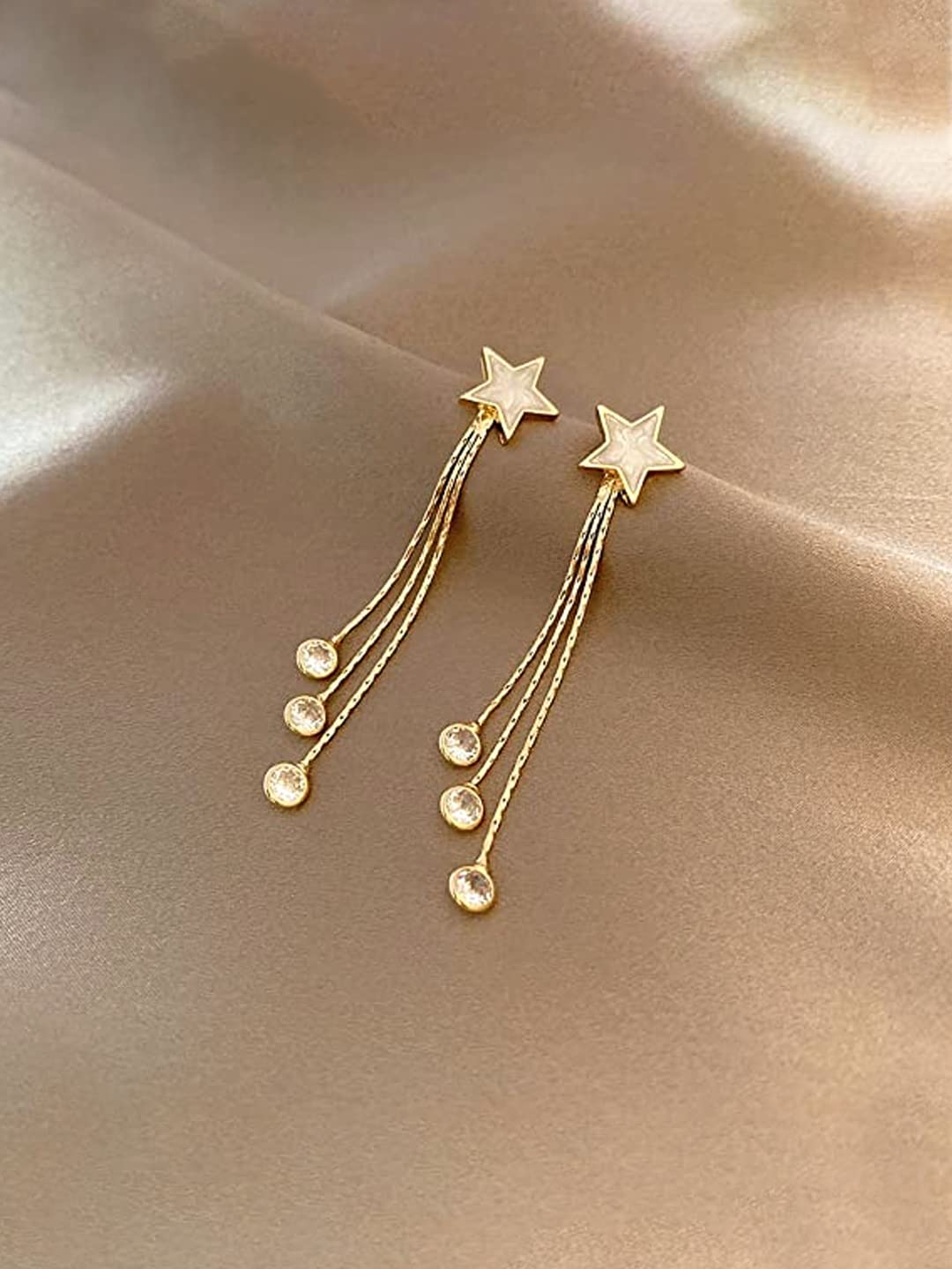 Women's Star Shaped Stud with Linear Chain Crystal Hanging Dangler Earrings