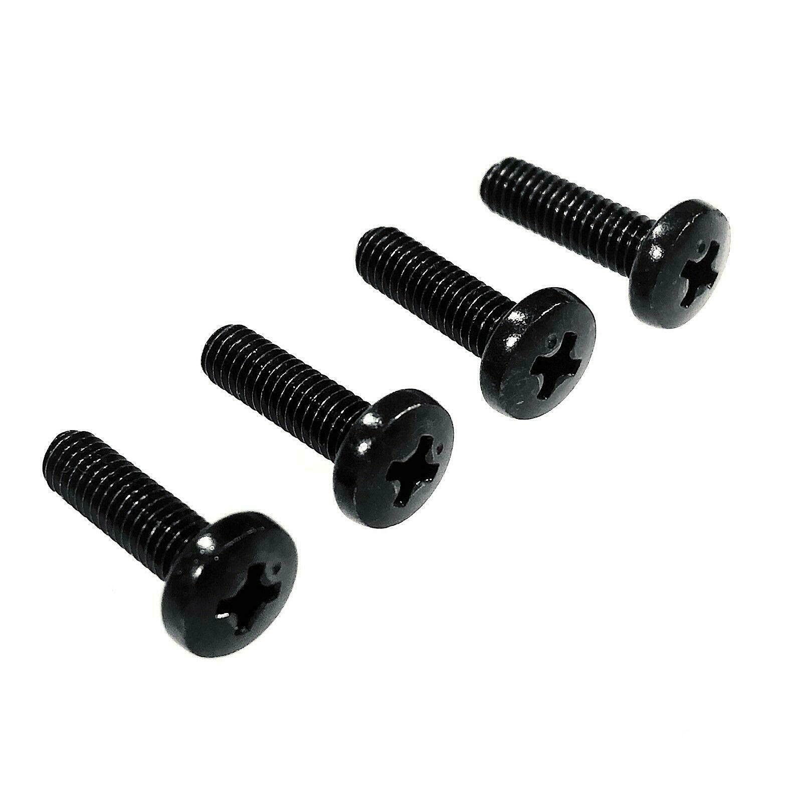 Close-up view of four black replacement TV base stand pedestal leg screws.