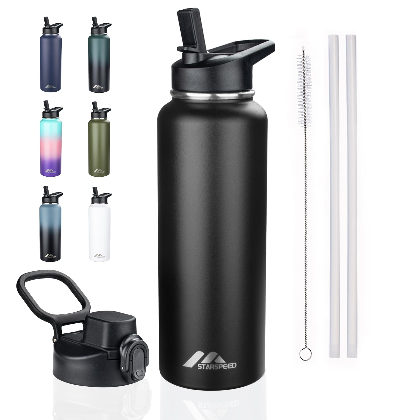 40oz Insulated Water Bottle with Straws & 2 Lids,Black