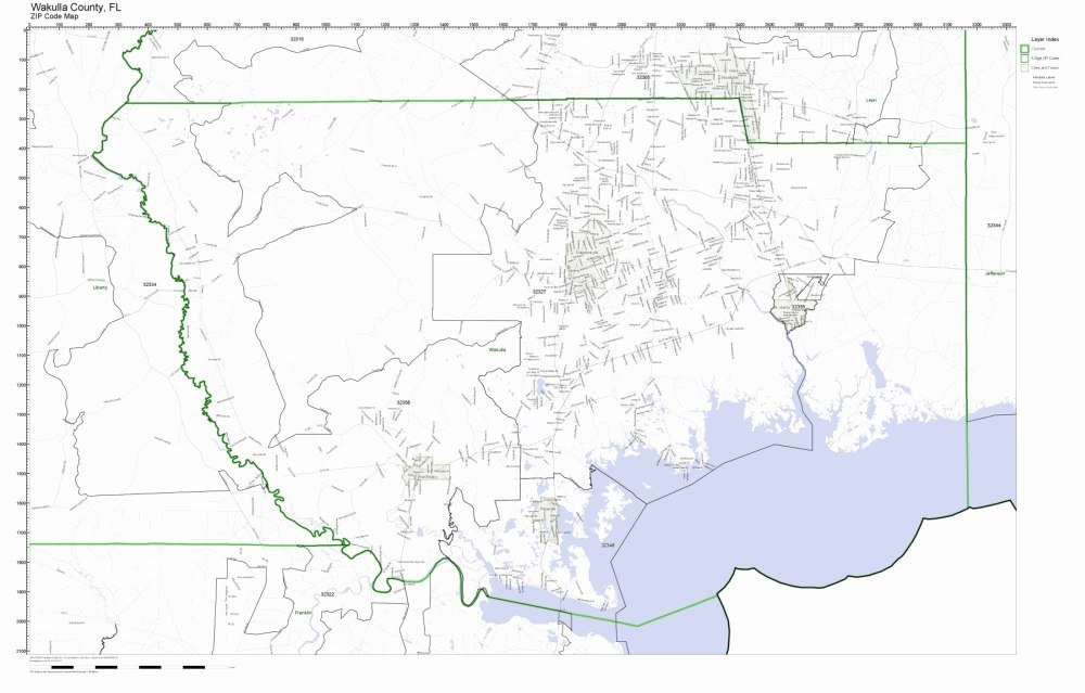 Wakulla County, Florida FL ZIP Code Map Not Laminated