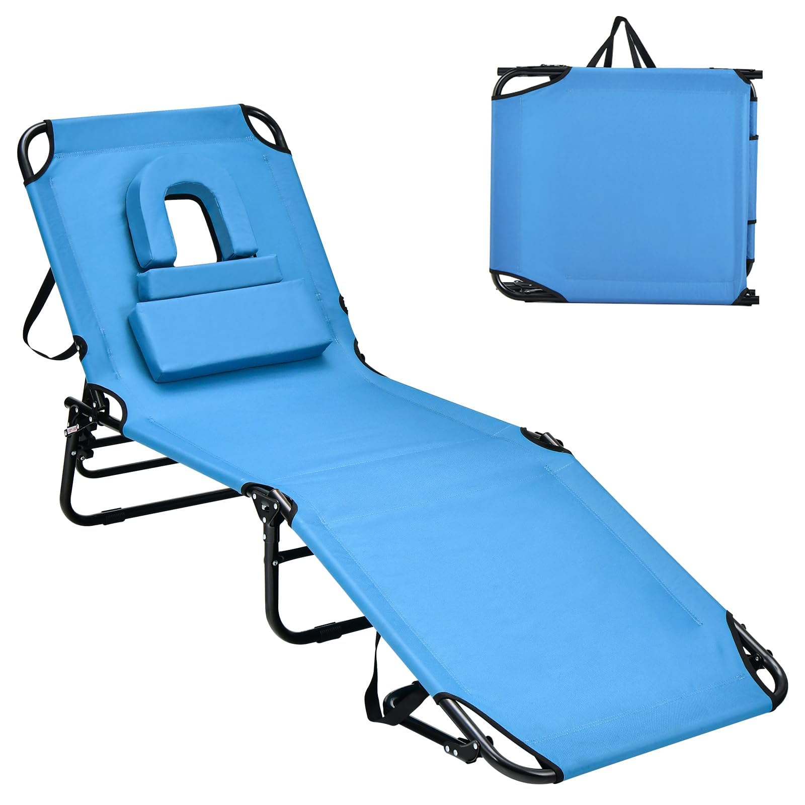 Goplus Tanning Chair, Folding Beach Lounge Chair w/Face Hole, 330LBS Capacity, Removable Pillow, Carry Strap, Adjustable Sunbathing Chair, Patio