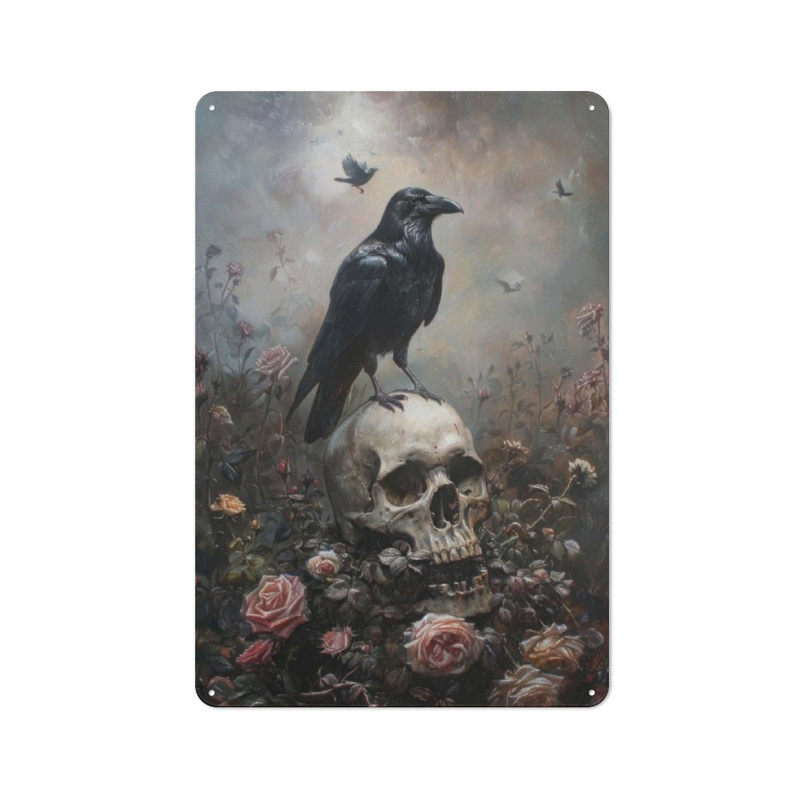Junmoney Black Crow On Skull Rustic Metal Sign 30X20cm Featuring For Living Room Wall, For Vintage Wall Decor Fans, For Metal Sign Collectors