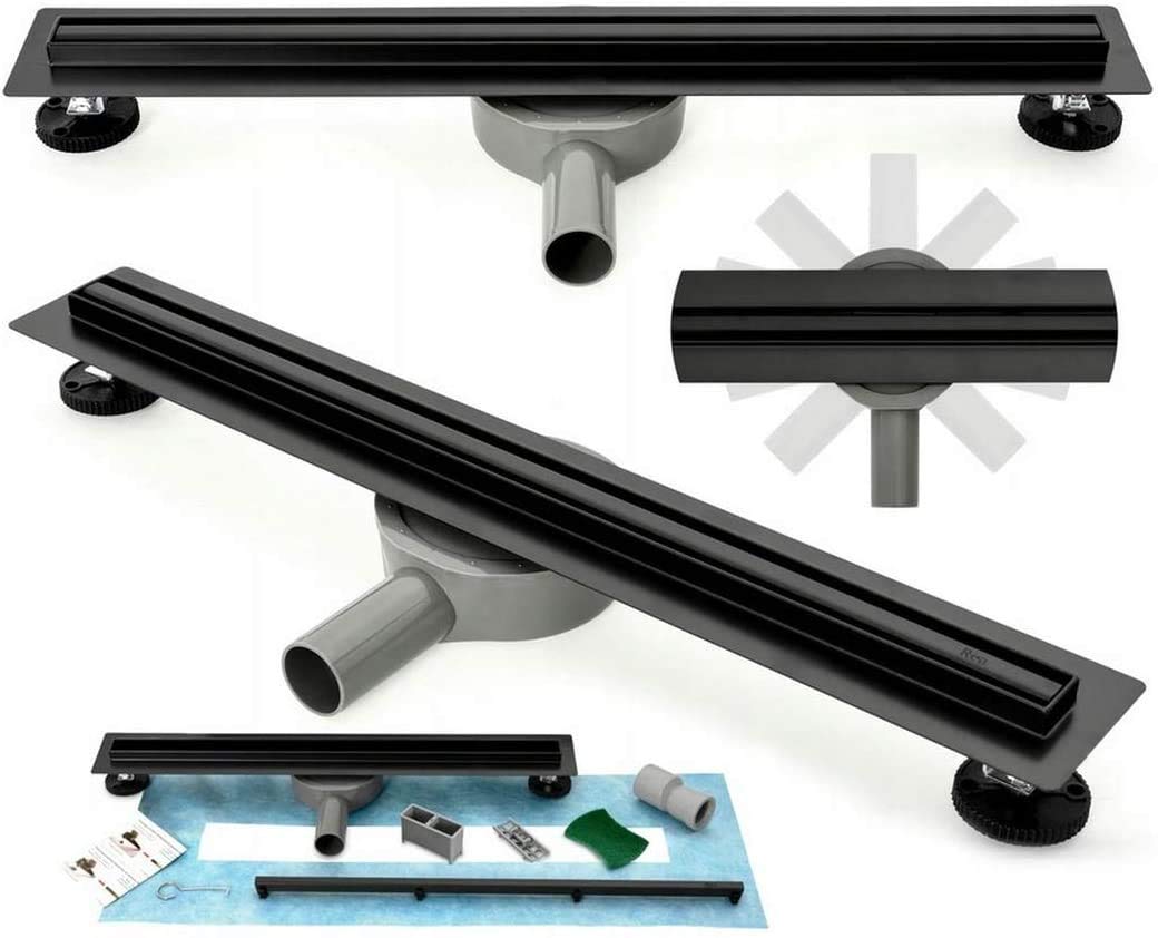 VBChome Duschrinne 80 cm Schwarz SLIM Bodenablauf Selbstreinigender Siphon mit Ablauf Geruchsstop Größen 60-100cm Duschablauf sehr flach, Komplettset Ablaufrinne für Badezimmer Waschküche