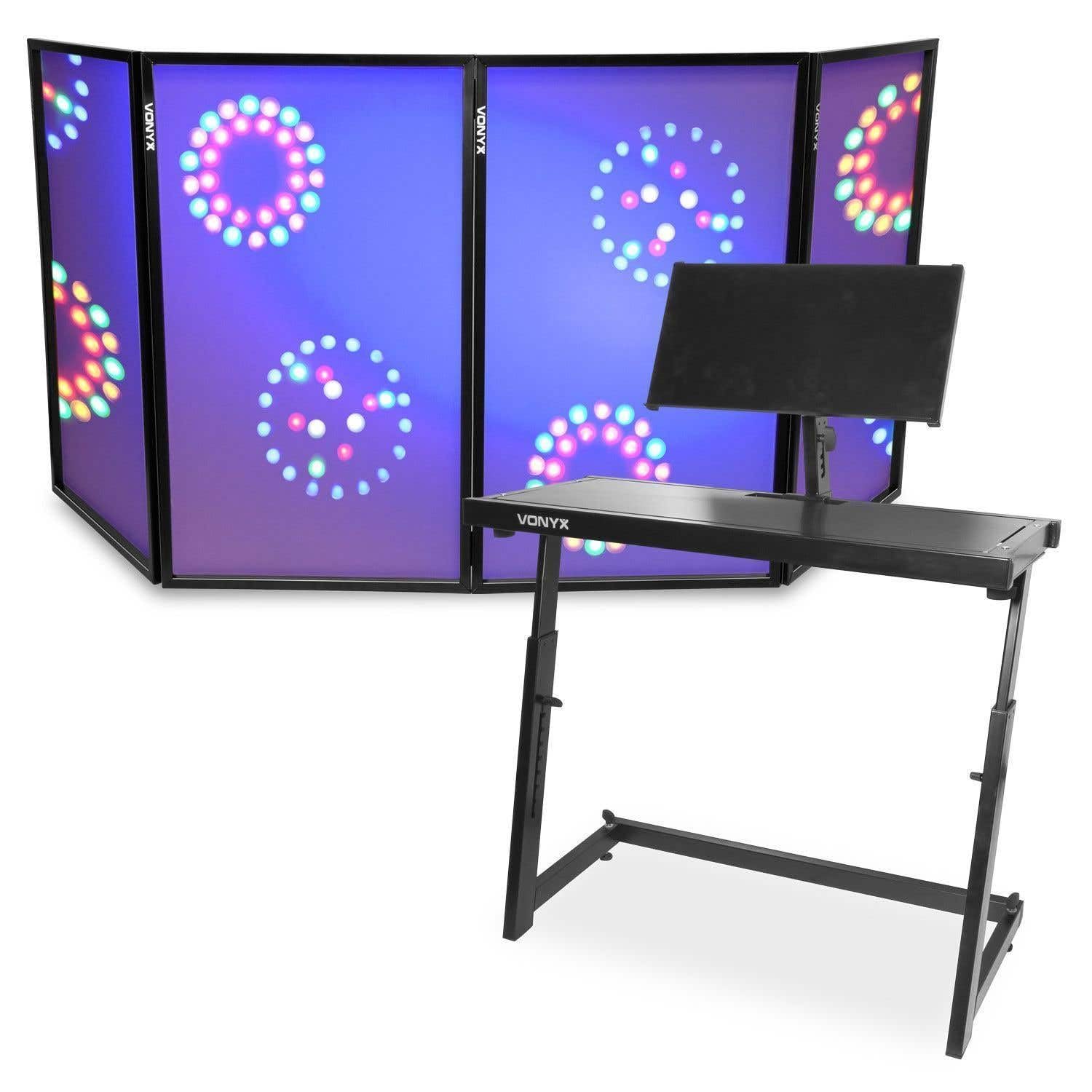 Vonyx DJ Pult Komplettset - höhenverstellbarer DJ Tisch Mobil, Vonyx DB10 mit klappbarer Front, Lycra-Stoff, DJ Pult, DJ-Booth, mobiler DJ-Stand, 45,5 x 102,5 x 90 cm, DJ Stand mit mobiler Wand