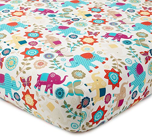 Image of Levtex Baby - Zahara Crib Fitted Sheet - Fits Standard Crib and Toddler Mattress - Boho Elephants, Leaves and Flowers - Orange, Teal, Yellow, Red, Fuchsia - Nursery Accessories - 100% Cotton