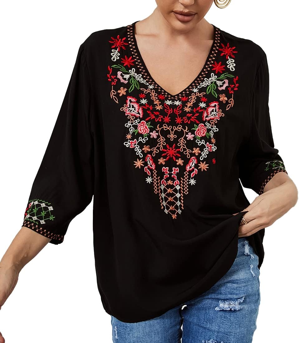 AK Women's Boho Embroidered Tops 3/4 Sleeve Mexican Peasant Shirts Bohemian Loose Tunic Blouses - Image 2