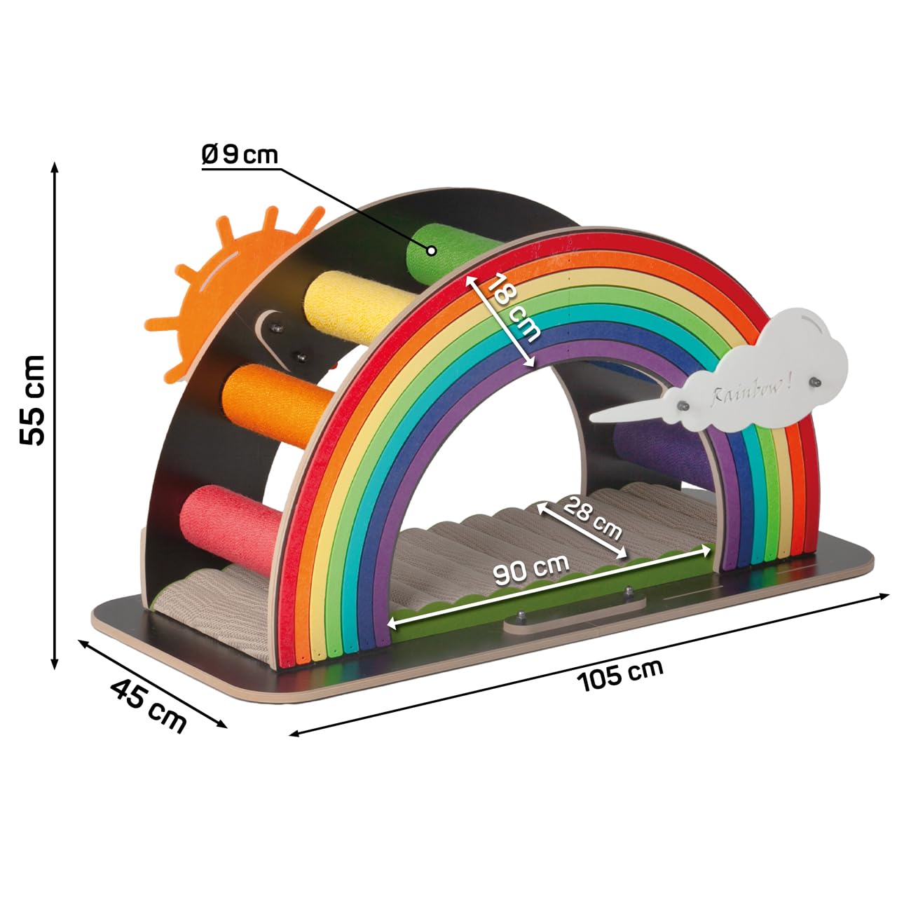 CanadianCat Company | Design-Kratzmöbel Rainbow - bunt | Kletter-Bogen mit Kratzbrett | 105 x 45 x 55 cm
