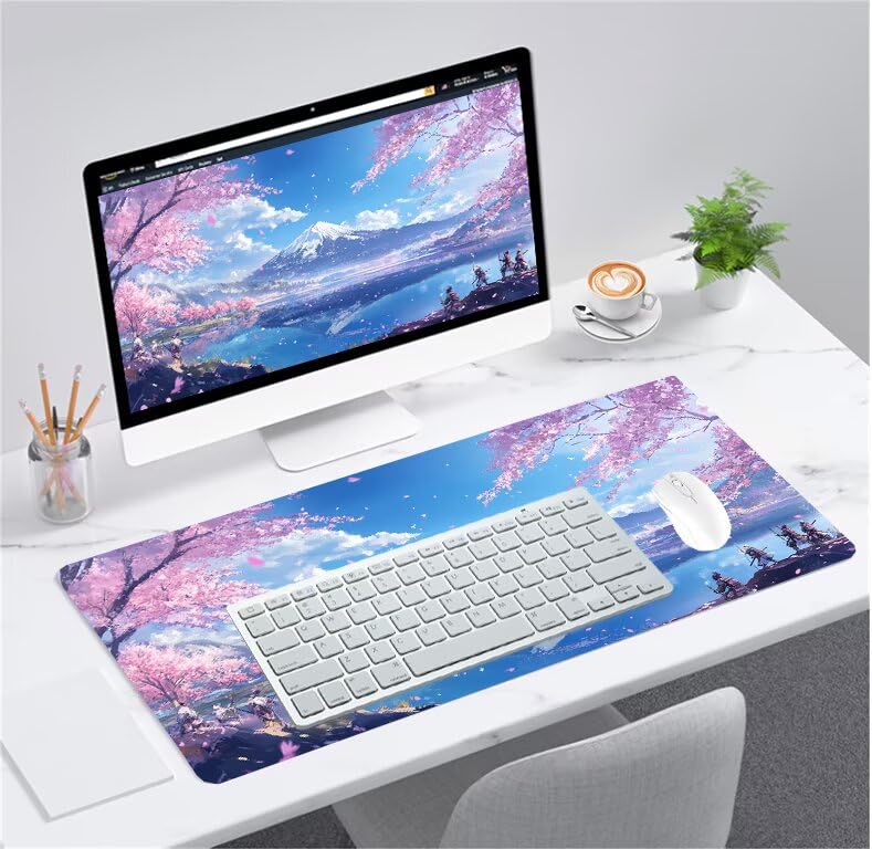 Desk mat grand format lavable avec motif japonais fleurs de cerisier pour PC portable