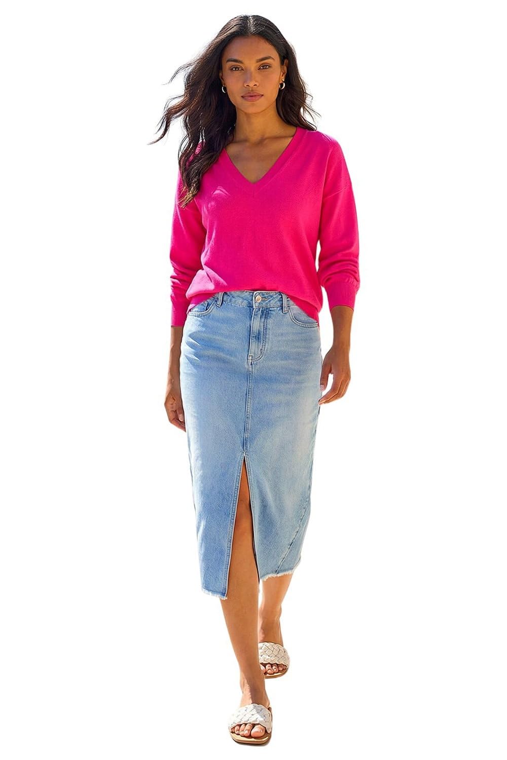 Roman Women's Fuchsia V-Neck Stretch Jumper In | : Size 18