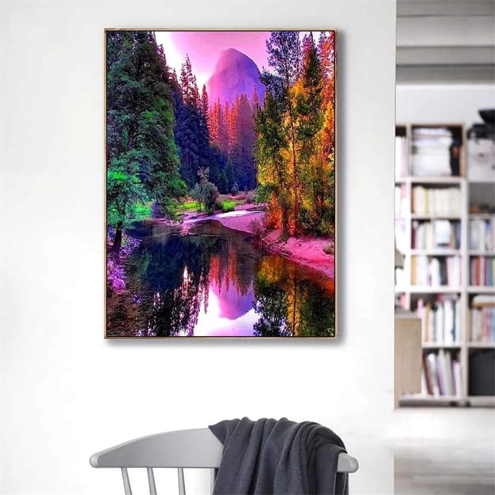 DIY 5D Diamante Pintura Bordado Kits Completo Lago al atardecer Diamond Painting Adultos/Niños Rhinestone Punto de Cruz Diamante Arte Artesanía Casa Decor de La Pared Round Drill,70x90cm/28x36inch
