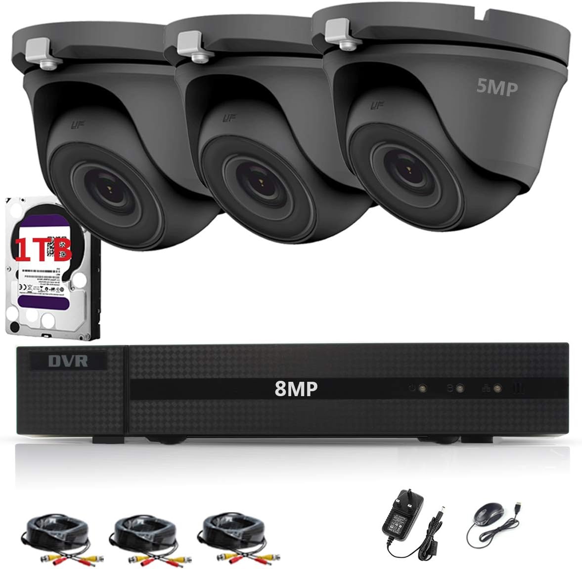 HiZone Pro5MP CCTV KIT SECURITY SYSTEM 4K DVR 4CH+&3X 5MP GRAY ULTRA HD METAL HOUSING IP66 WATERPROOF IN/OUTDOOR DOME CAMERAS 20M NIGHT VISION EASY P2P EMAIL ALERT REMOTE VIEW (1TB HDD PRE-INSTALLED)