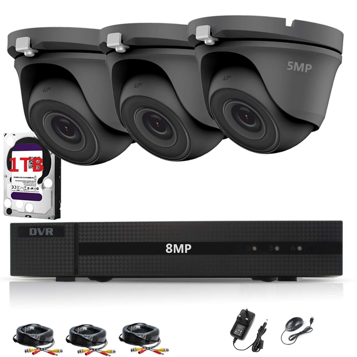 HiZone Pro5MP CCTV KIT SECURITY SYSTEM 4K DVR 4CH+&3X 5MP GRAY ULTRA HD METAL HOUSING IP66 WATERPROOF IN/OUTDOOR DOME CAMERAS 20M NIGHT VISION EASY P2P EMAIL ALERT REMOTE VIEW (1TB HDD PRE-INSTALLED)