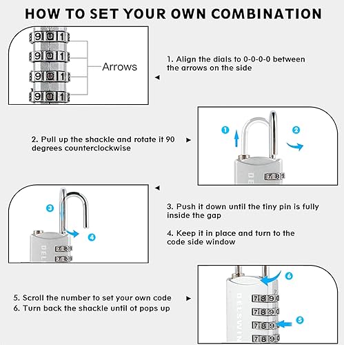 Miniatura 6 de DELSWIN Cerradura de combinación pequeña para casillero, paquete de 4 cerraduras de equipaje reiniciables para mochila y maleta, candado combinado
