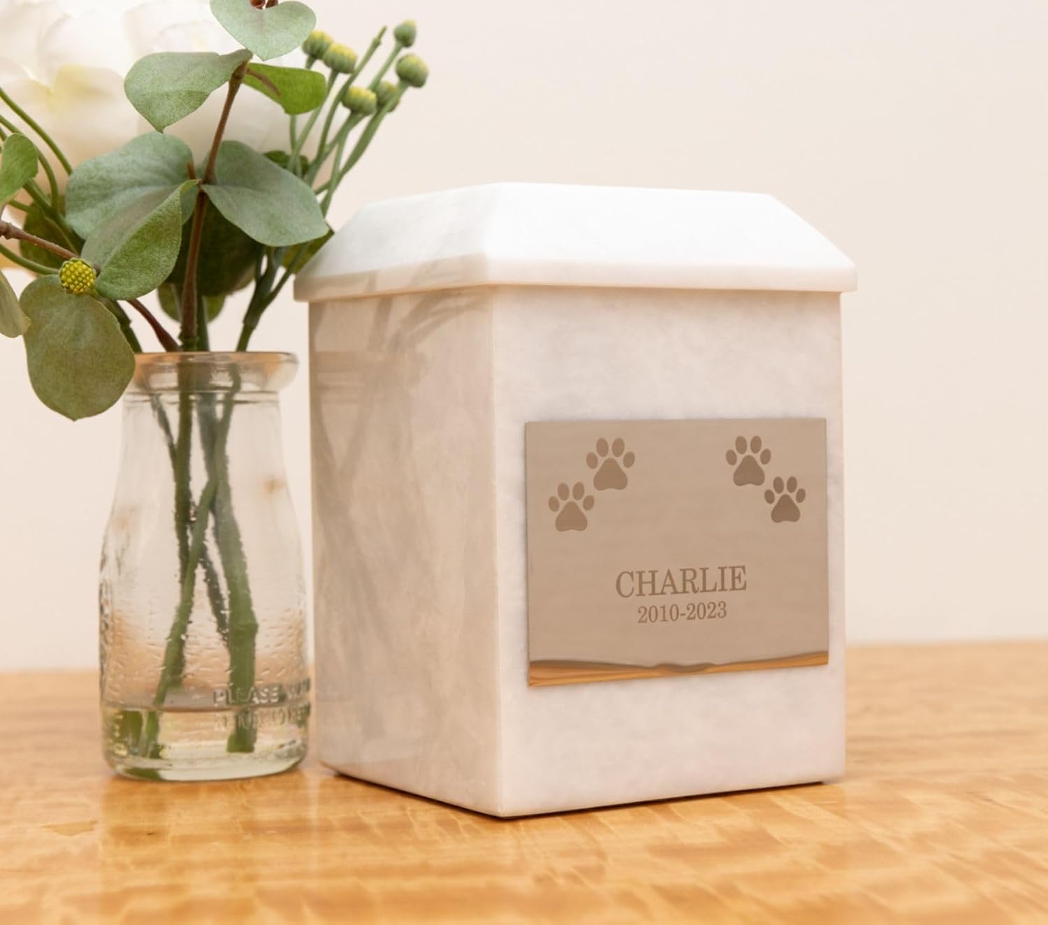 Bey-Berk Deering Moments Personalized Genuine White Marble Urn for Pet or Human Ashes, Luxurious Marble Urn, Holds up to 60lb Pre Cremation Weight