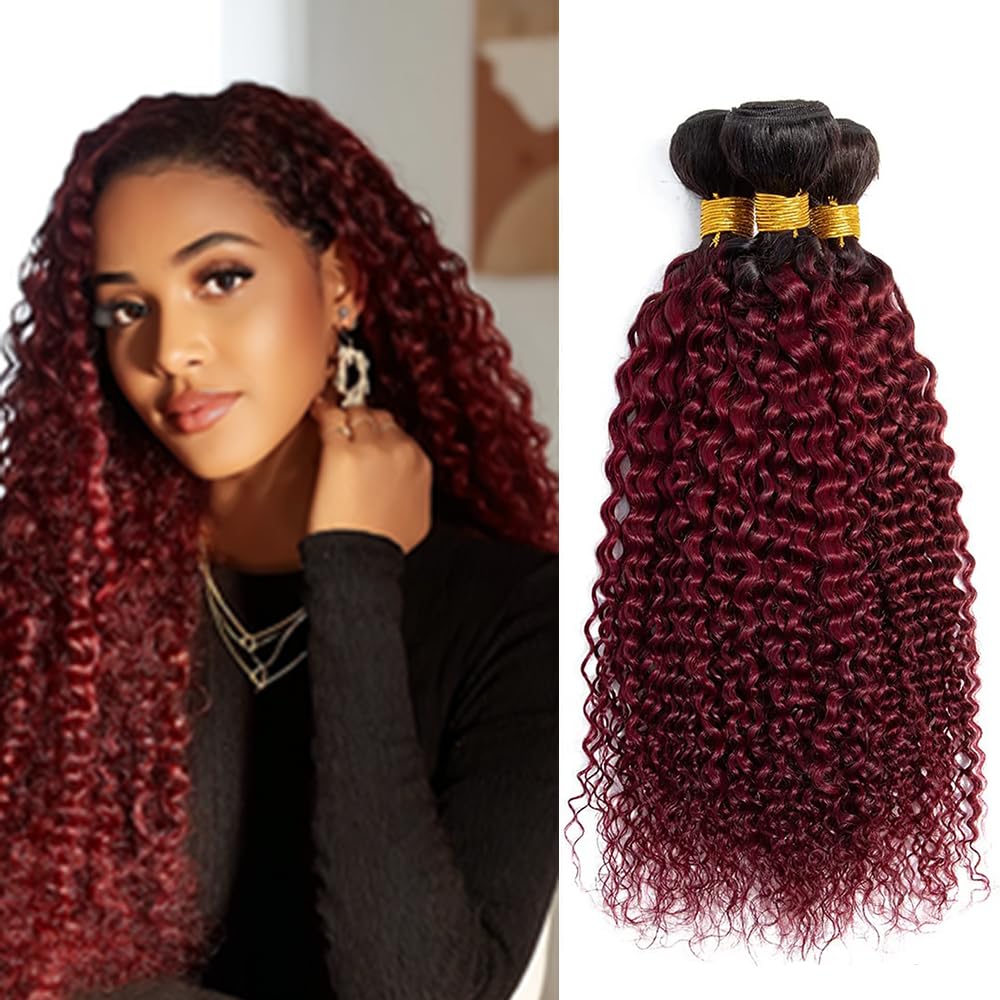 BilltiiWW 1B99j Ombre Curly Bundles Two Tone Black and Burgundy Curly Bundles Brazilian Human Hair Weave Soft and Silky for Women 14 16 18 Inch