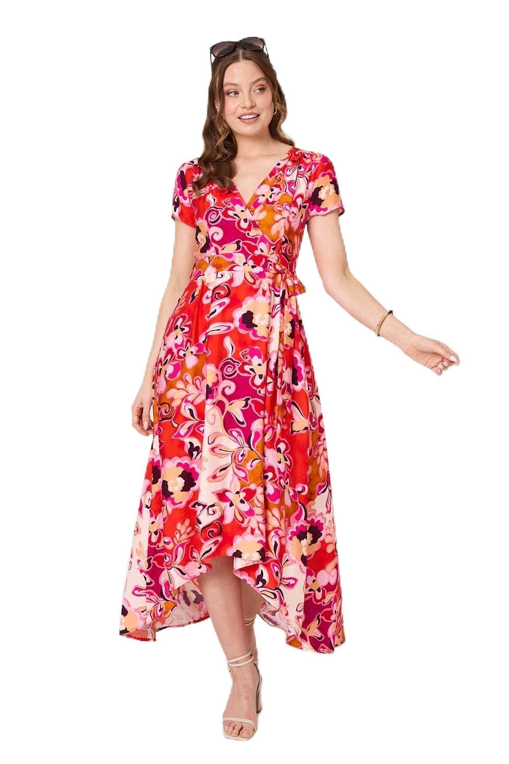Izabel London Women's Red Printed Short Sleeve Wrap Midi Dress Made From A Viscose Blend, For Uk With A High Low Hem.