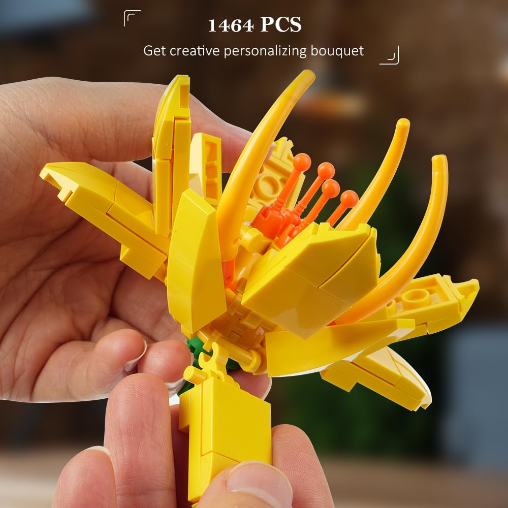 HOGOKIDS Juego de construcción de Ramo de Flores, Colección botánica de 18 Flores Artificiales, 1464 Piezas Decoración del hogar Ramo Plantas, Regalo Creativo para Adultos Niños Niñas 8+ años