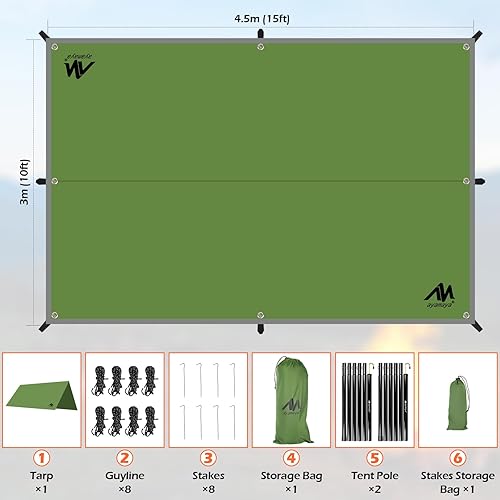 Miniatura 6 de AYAMAYA Lona de camping con postes resistente, 10 x 15 pies, toldo de lona impermeable extra grande, hamaca para lluvia, refugio solar para