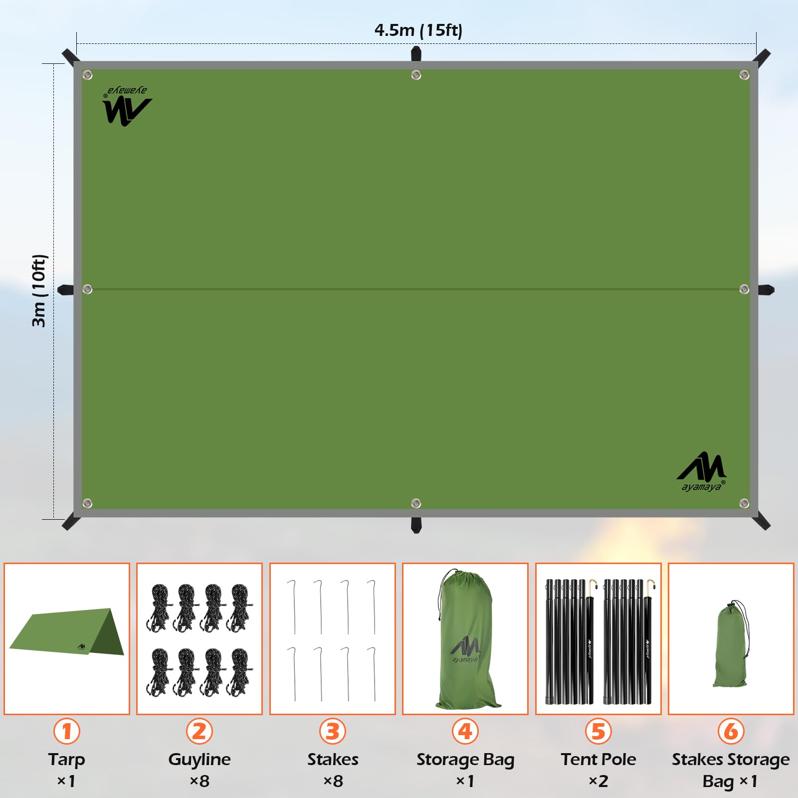 Tarp mit Stangen Zeltplane Wasserdicht, Tarp 3x4,5m Zeltplane Wasserdicht mit Ösen Camping Plane Sonnensegel Shelter für Camping Hängematte Wandern Picknick Reisen Outdoor Aktivitäten Terrassen