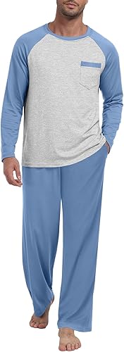 Mens Pajama Set Pjs Sleepwear Lightweight Long Sleeve Pjs Soft Comfy Sleep Set With Pocket