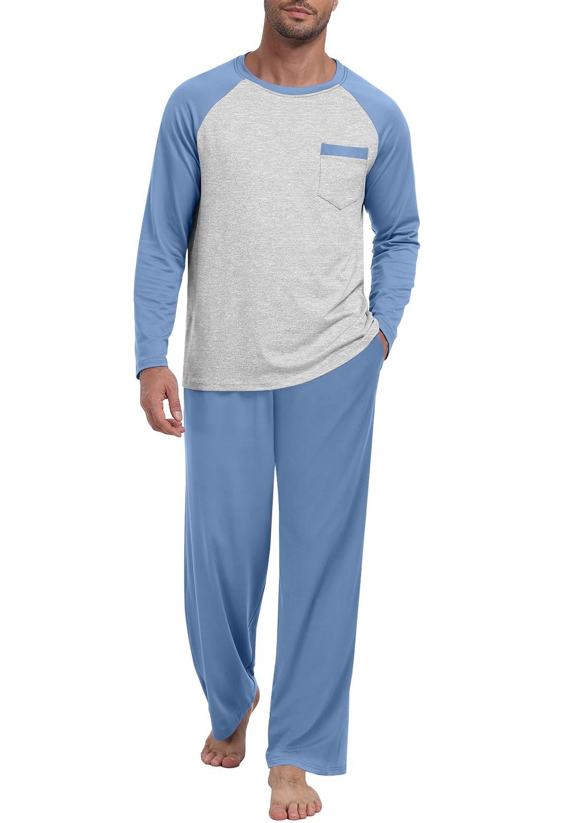 Mens Pajama Set Pjs Sleepwear Lightweight Long Sleeve Pjs Soft Comfy Sleep Set With Pocket-image-4