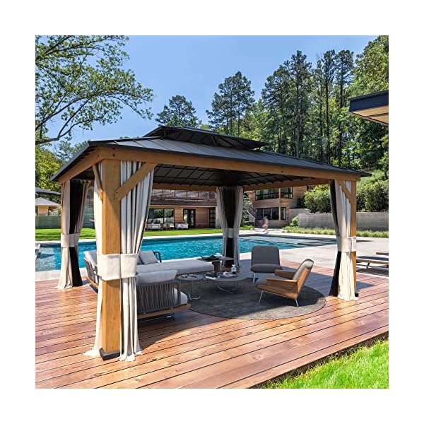   YOLENY-13-x-15-Wood-Gazebo-Spruce-Frame-Outdoor-Hardtop-Gazebo-with-Metal-Roof-Privacy-Curtains-and-Nettings-for-Patio-Garden-Backyard