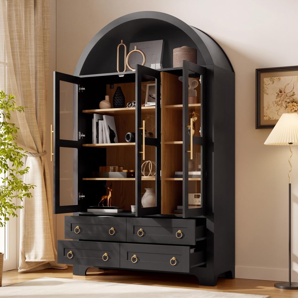 Buffet, vitrine avec 3 portes, 4 tiroirs et compartiment ouvert en arc rond, armoire de salon PB + MDF, buffet de salon, buffet avec poignées en aluminium (noir)