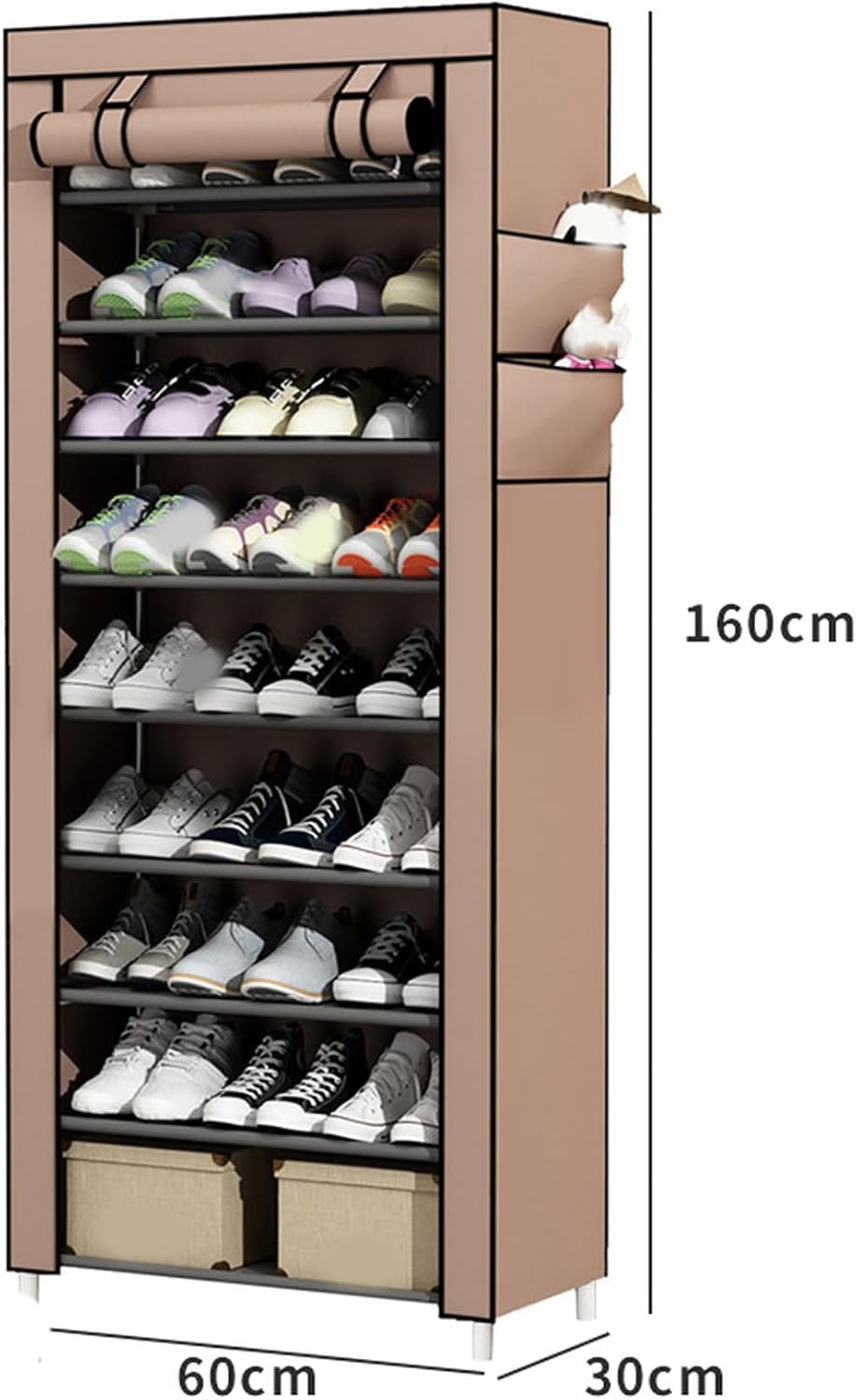 靴棚ラック 10層 シューズラック カバー付き 60*30*160 下駄箱 靴収納 靴棚 玄関収納ラック 不織布カバー付き ブラウン