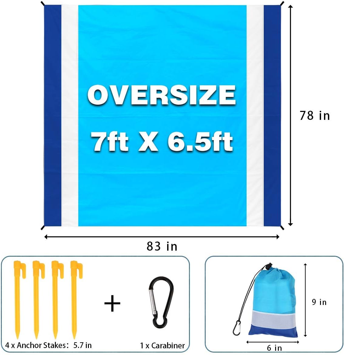 Libay Beach Blanket, Large Size 83"x78" Sand Free Picnic Blankets Waterproof Mat with 4 Stakes and 4 Corner Pockets, Lightweight & Durable for 4-7 Adults Travel Party Sports Camping Hiking(Blue)