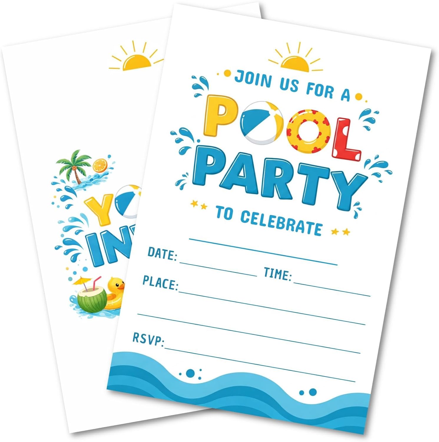 Pool Party Invitation Cards, Sunshine Beach Ball Waves Splashes | Dots Rubber Ducks Palm Trees Swimming Rings, 25 Pcs 4X6 Inch with Envelopes for Teens Kids, Fresh Lively Blue White