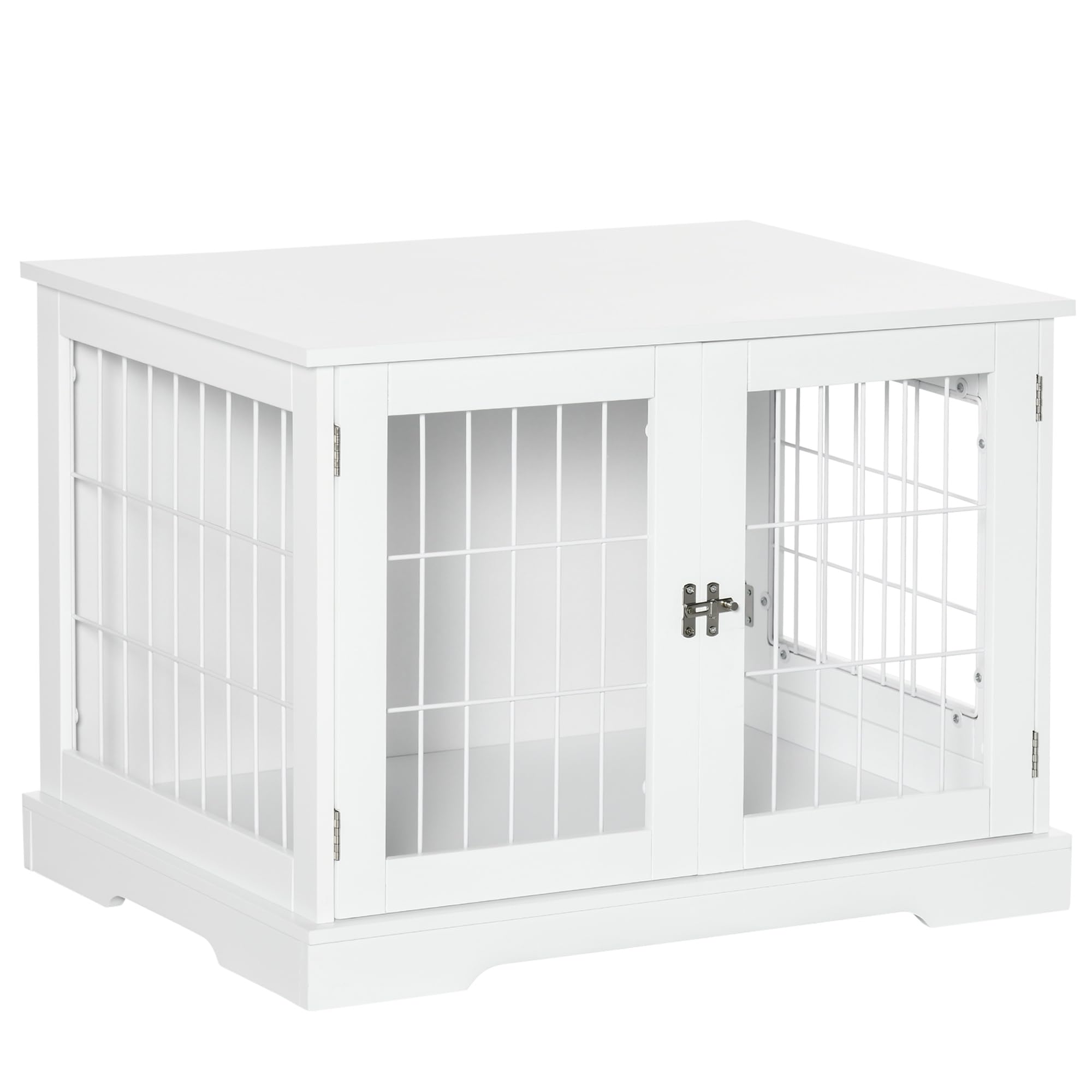 PawHut Jaula para Perros de Madera 76x54,5x56 cm Caseta para Perros con Mesa de Almacenamiento con Rejillas de Acero y 2 Puertas de Pestillo Blanco