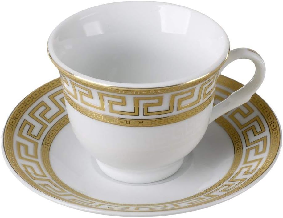 12-Pc. 'Golden Greek Key' Tea Cup Coffee Set, Premium Bone China, 24K Gold-Plated, Complete Service for 6