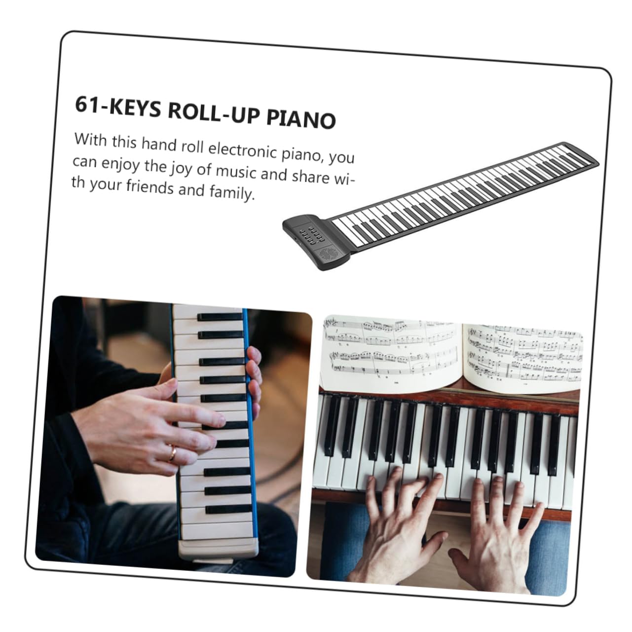 Pianoforte Elettronico Arrotolabile Pieghevole 61 Tasti in Silicone | Nero e Bianco, Portatile e Facile da Riporre, Sensazione Comoda al Tatto