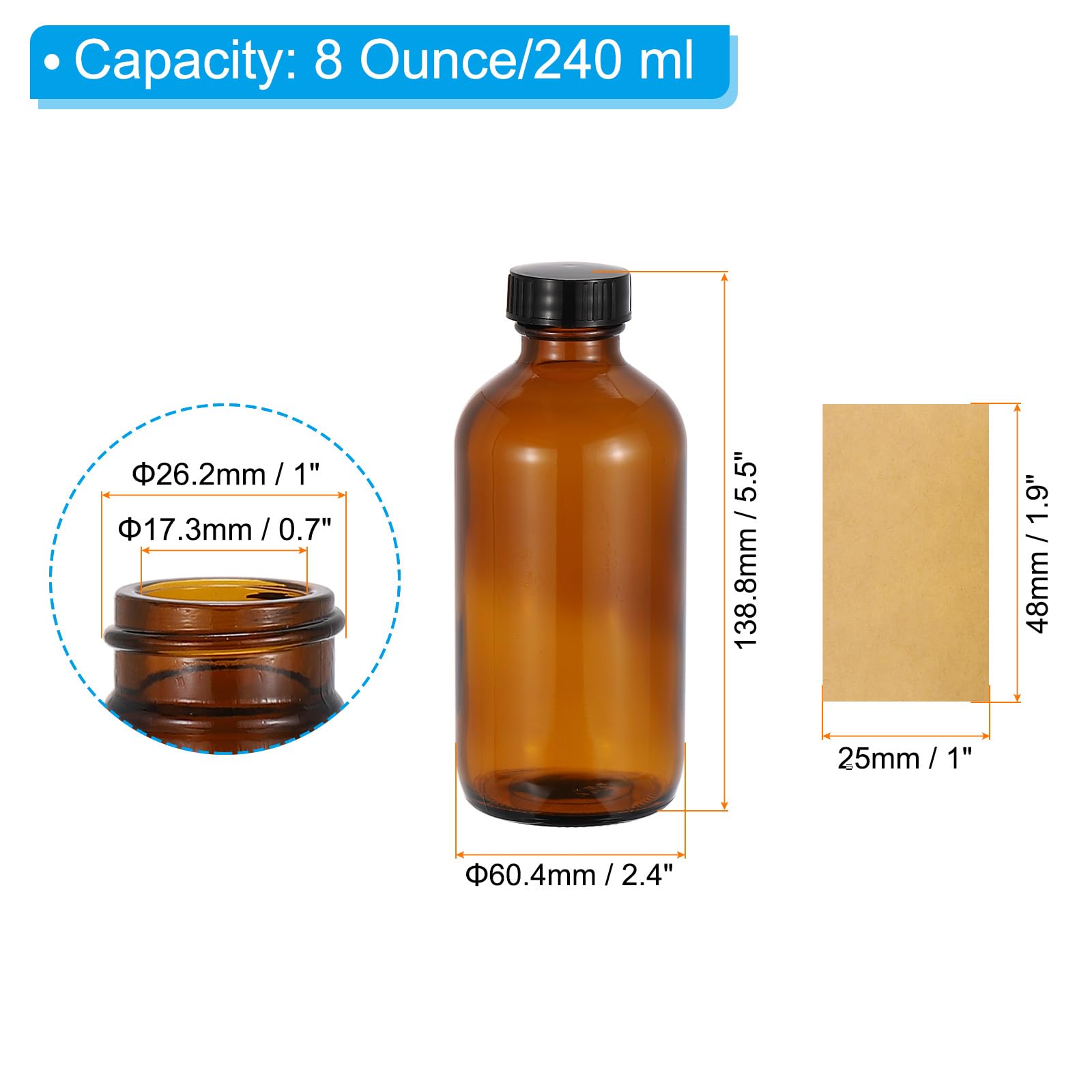 PATIKIL Frascos De Muestra De Vidrio De 8 Onzas (240 ml), 12 Piezas Frascos Redondos Con Tapón Cónico Negro De Polietileno, 24 Piezas Etiquetas Para Líquidos Reactivos, Perfume, Ámbar