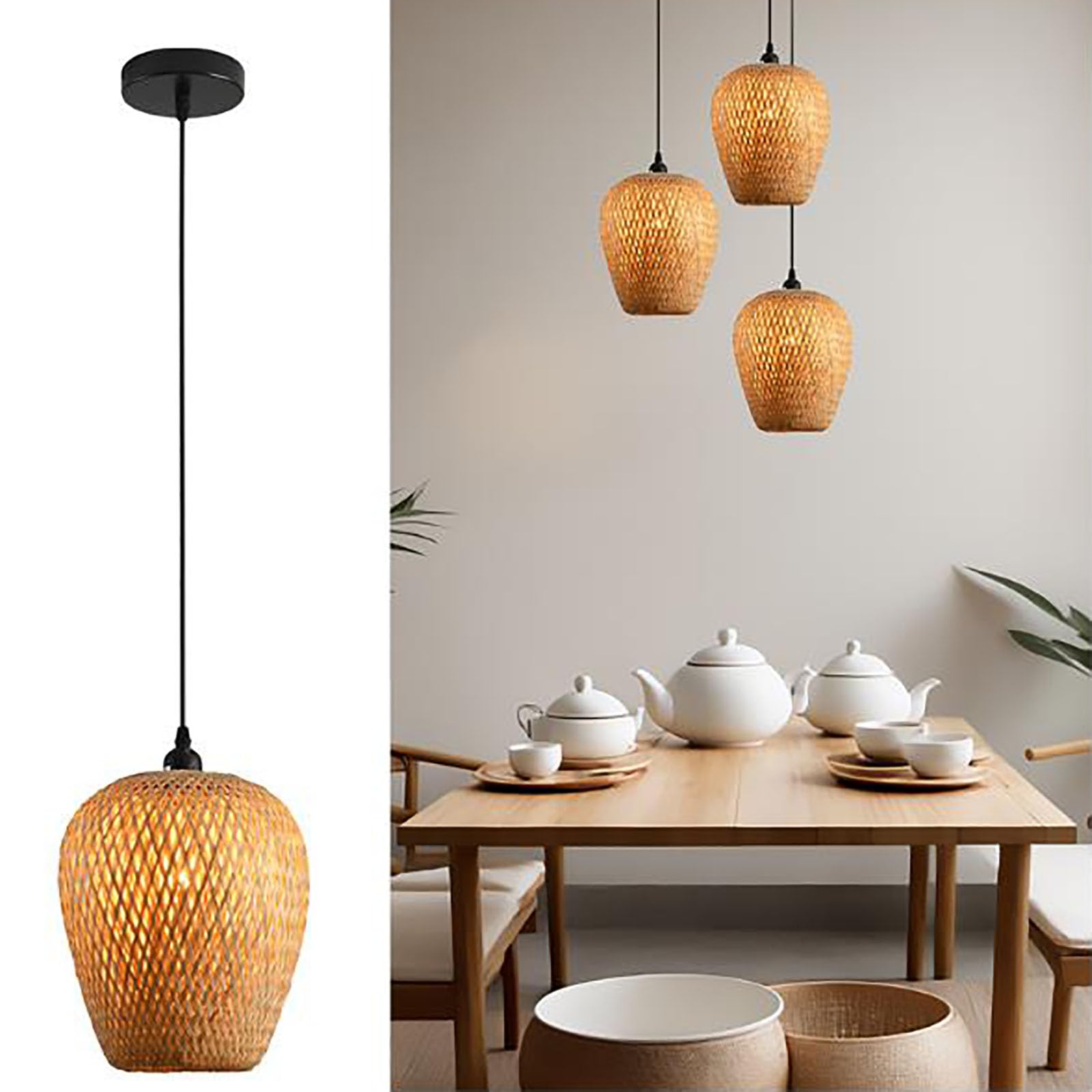 Suspension LED en rotin tressé à la main luminaire suspendu bohème pour îlot de cuisine et salon