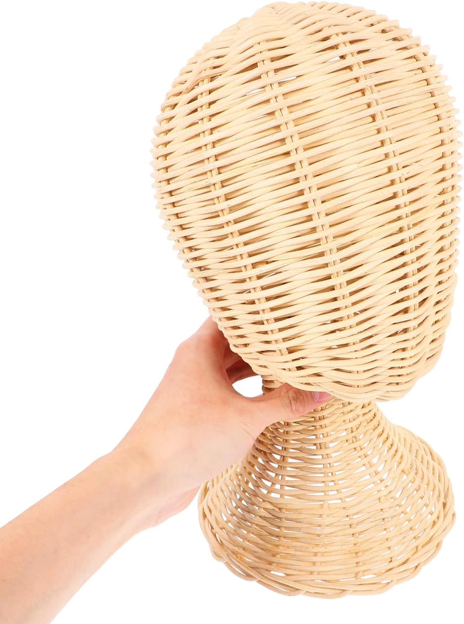 VOSAREA Rattan Mannequin Head Stand Wicker Hat Display Stand Hat Holder Woven Wig Rack for Home, Hair Salon, Showcase