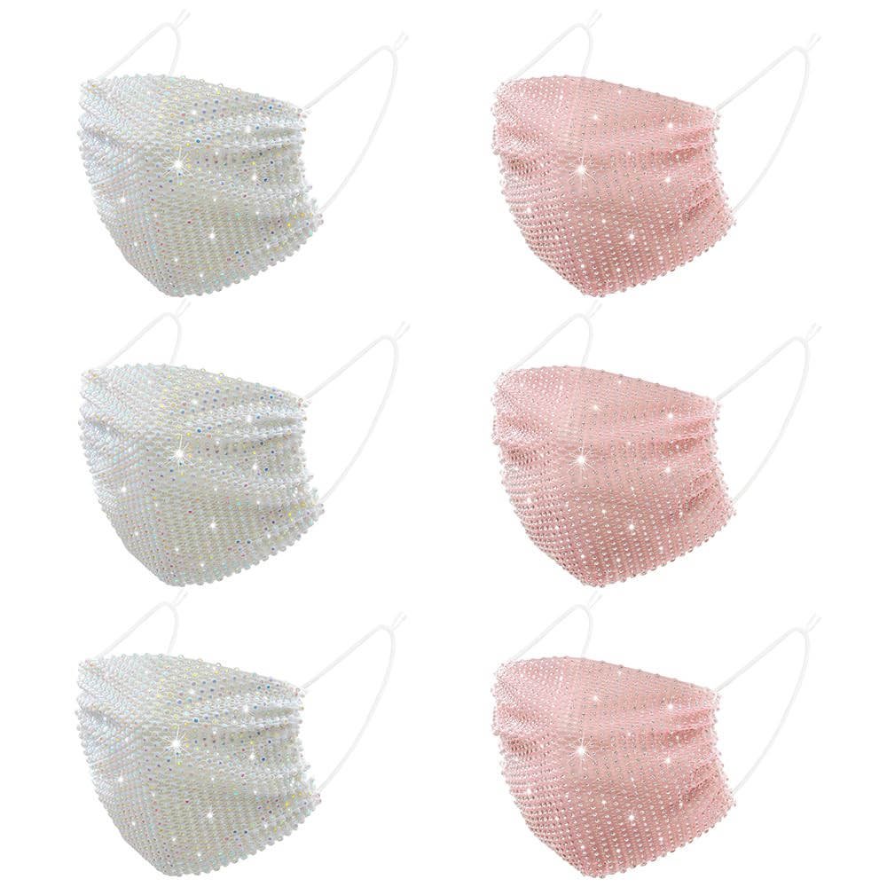 6 Pcs Ivory Light Pink Mesh Face Mask Sparkly Rhinestone Custom Mask for Women Sequin Glitter Christmas Decoration Halloween Night Club Party Supplies Face Mask Female 2026 Gifts Decor Face Cover