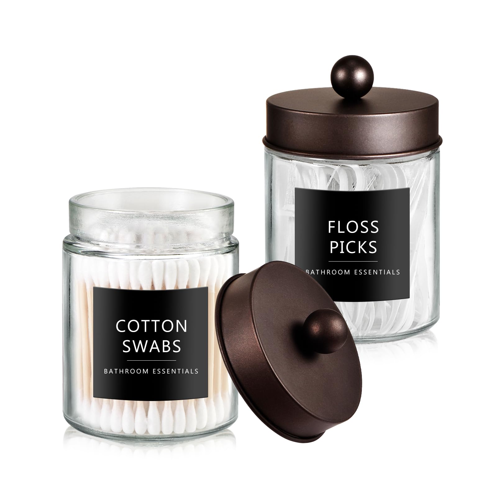 SheeChung Qtip Dispenser Holder 2pcs, Glass Apothecary Jars with Stainless Steel Lids &Stickers, Countertop Canister Guest Bathroom Storage Organizer