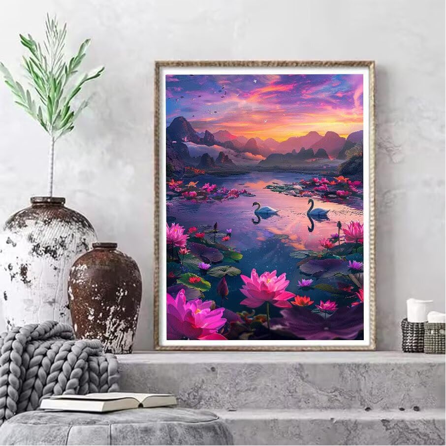 Peinture diamant fleur de lotus pour créer une ambiance zen dans votre salon 90x120cm