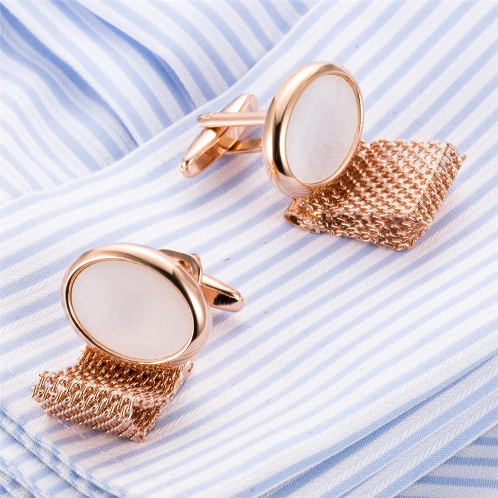 Gemelos Cadena De Oro Rosa Clavos Incrustados Con Puños De Concha Ovalada Botones Nobles