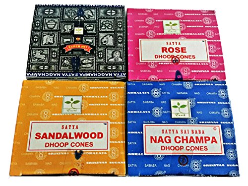 Satya Lot de 4 boîtes de cônes d'encens - Nag Champa, Rose, Bois de santal et Superhit