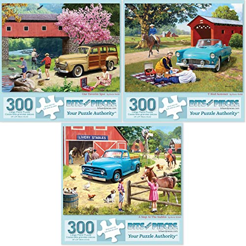 Bits and Pieces - Value Set of Three (3) 300 Piece Jigsaw Puzzles for Adults - Puzzles Measure 18"x24" - 300 pc Our Favorite Spot, T Bird Summer, A Stop at The Stables Jigsaws by Artist Kevin Walsh