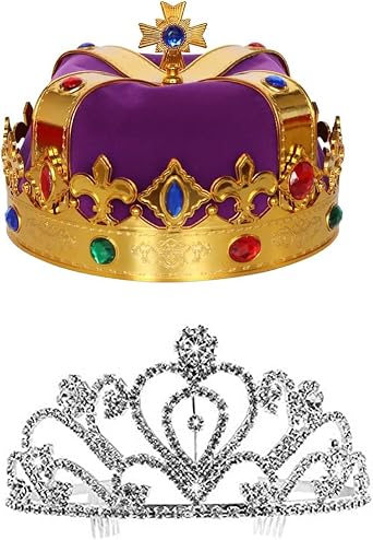 2 Pcs Royal Jeweled Kings Crown and Queens Crown For Wedding, Birthday, Prom, Pageant, Festival Party