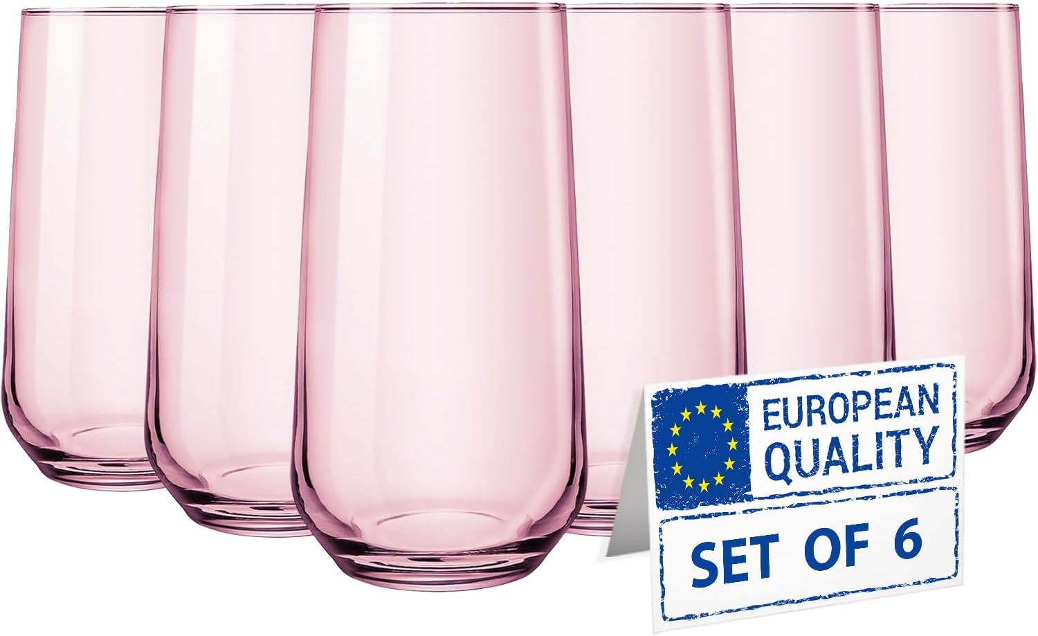 Pink Drinking Glasses Set of 6 | 16 oz Pink Glass Cups | Glass Highball Drinkware for Cocktails, Long Drink, Water, Mojito, Juice, Soda