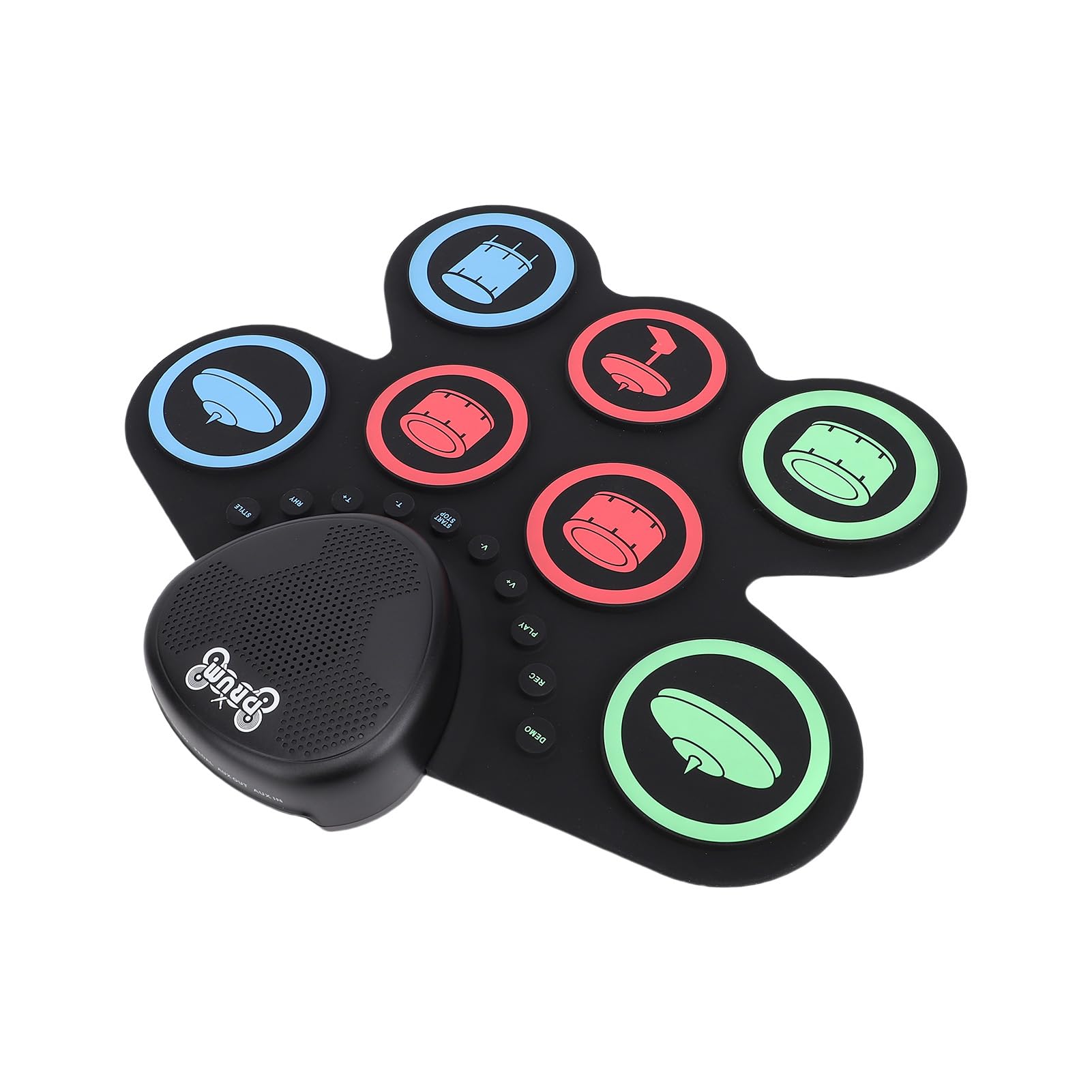 Batería Electrónica con Doble Altavoz, Pad Enrollable, 7 Pads, Kit de Práctica, Recargable, Baquetas, Pedal, para Principiantes, 37,1 X 34,5 cm.